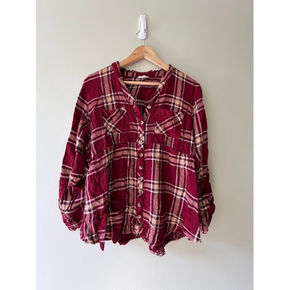 Plaid Maurices Button Down Women XL Burgundy Babydoll Plaid Ruffle Neck Blouse - Picture 7 of 7